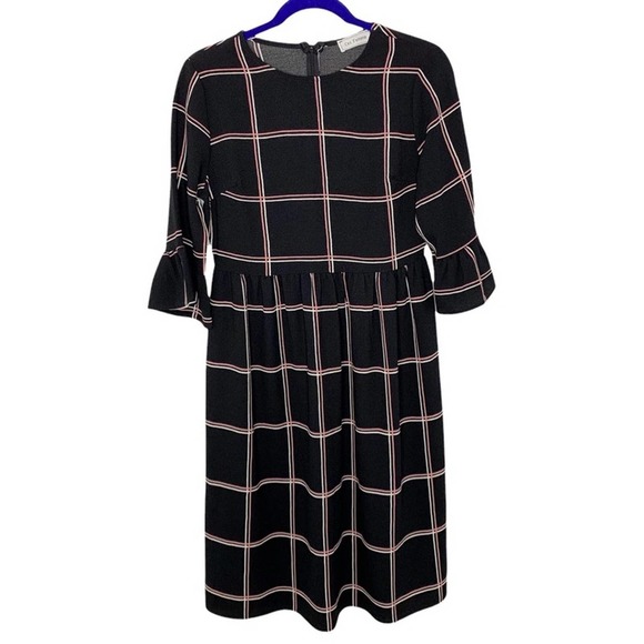 Ce femme black and pink window pane print ruffle midi dress size S - Picture 1 of 5